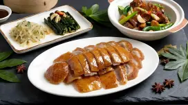 [KKday Exclusive Offer] Tsim Sha Tsui | Kings’ Lodge | Chef's Seasonal Three Treasures | Peking Duck, Jellyfish Salad with Pickled Cucumber, Spicy Beef Brisket Stew with Green Peppers | Famous Dishes from Beijing, Sichuan, Shanghai, and Hangzhou