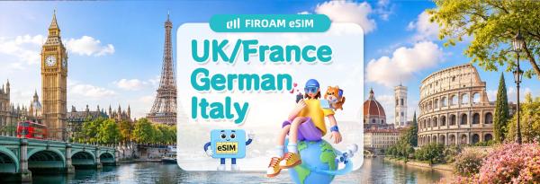 eSIM compatible with UK, France, Germany, and Italy | 5G network, 1-30 days eSIM | Supports ChatGPT & TikTok