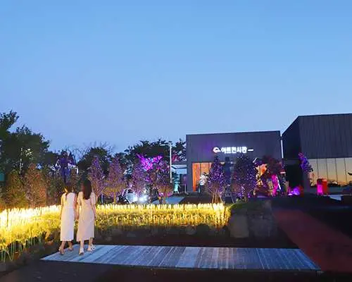 제주 서프라이즈 테마파크의 화려한 별빛 정원 야경. 방문객들이 다채로운 조명 예술 설치물 사이를 거닐며 폐기물 재활용을 통해 만들어진 로맨틱한 분위기를 만끽하고 있습니다.