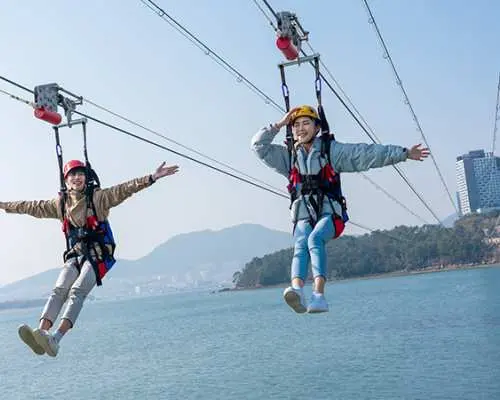 여수 해상 짚트랙에서 두 명의 방문객이 팔을 활짝 벌리고 햇살 아래 푸른 바다를 가로지르며 한국 여수의 스릴 넘치는 고공 비행 체험을 즐기고 있습니다.