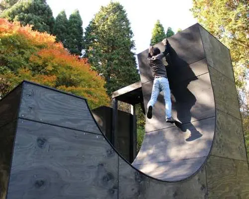 一名遊客在日本六甲GREENIA運動公園挑戰高難度的黑色弧形攀爬牆，展現體能與力量，背景為秋季林木。