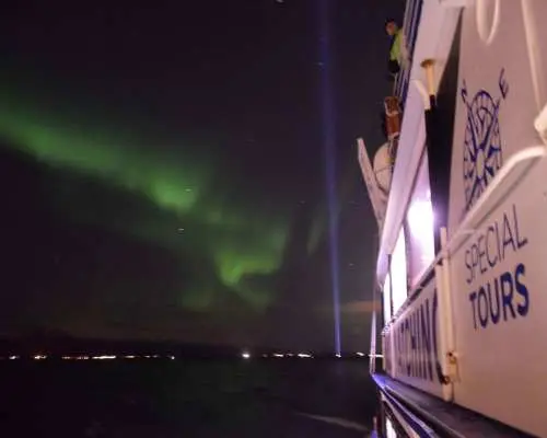 冰島雷克雅維克極光船在夜間航行，船身旁的海面映照著遠方城市燈光，頭頂上則是舞動的綠色極光，提供難忘的體驗。