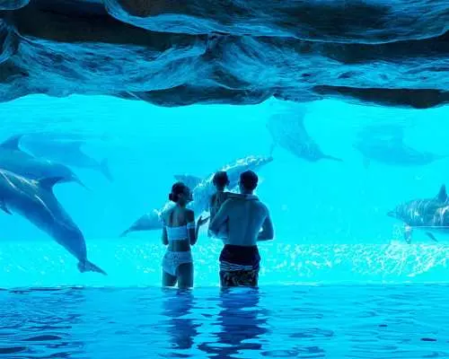 遊客們在珠海長隆橫琴灣水世界，從水池中近距離欣賞活潑海豚在水中優雅暢泳，留下難忘回憶。