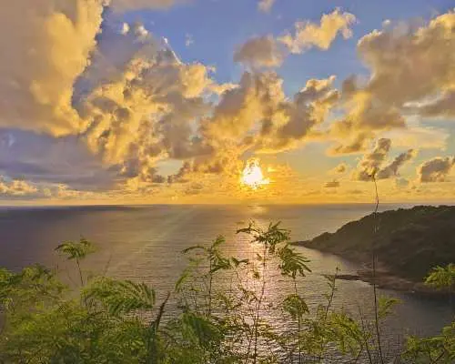 普吉岛蓬贴海角壮丽的日落景色，金黄色的云朵与太阳光芒洒满海面，衬托着郁郁葱葱的热带植物，是观赏海岸线美景的绝佳地点。