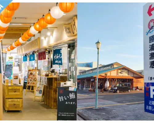ภายในร้านค้าตลาดปลาคัตสึอุระ วาคายามะ ประดับด้วยโคมไฟญี่ปุ่นและจัดแสดงสินค้าท้องถิ่น ด้านขวาแสดงภายนอกตลาดและป้ายบอกทาง