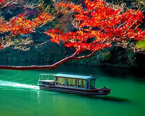 전통적인 호즈가와 유람선이 에메랄드빛 계곡 물 위를 천천히 나아가고, 덮개 있는 배 위로 붉은 단풍 가지가 드리워져 아라시야마의 가을 수상 풍경을 보여줍니다.