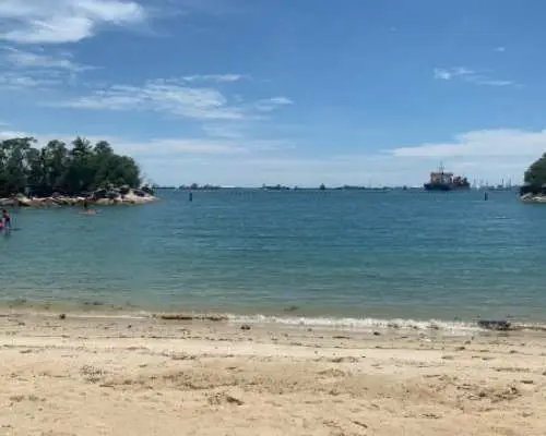 穏やかなターコイズブルーの海で泳ぎ、柔らかな砂浜でくつろぐ人々がいるセントーサ島の牧歌的なビーチ風景。豊かな熱帯樹木と遠くの貨物船が景色を彩る。