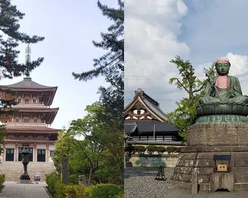 Scenic views of temples in Nagano's Zenkoji or Matsushiro areas, featuring a rustic Japanese pagoda on the left and a majestic Buddha statue on the right, highlighting Japan's rich Buddhist history and culture for exploration with the Alpico pass.