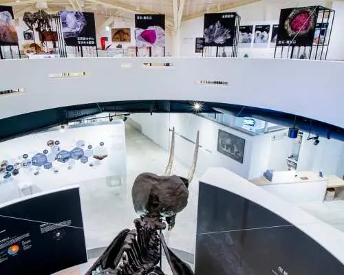 Overhead view of Genbudo Museum's multi-level exhibition area in Hyogo, showcasing diverse rock, mineral, and geological collections for an immersive learning experience.