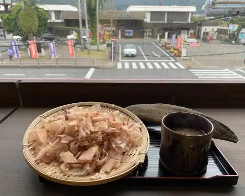 Enjoying a bowl of delicious katsuobushi dashi soup and shavings in Ibusuki, Kagoshima, with a view of the factory's surrounding townscape from the window.