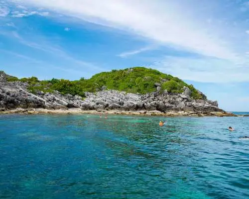 The pristine coastline of Angthong National Marine Park near Koh Samui, with crystal-clear waters gently lapping against lush, green-covered limestone formations, showcasing tranquil natural beauty.