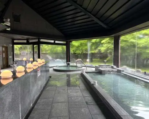 日本關東包車一日遊，箱根溫泉設施的室內湯池，透過大片玻璃窗欣賞綠意盎然的自然景致，享受放鬆時刻。