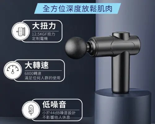 專業級智能便攜筋膜按摩槍的產品特寫，詳細展示其四種按摩頭與功能規格。