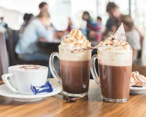 Indulging in rich hot chocolate drinks topped with whipped cream and delicious desserts at Maison Cailler chocolate factory cafe, enjoying a sweet moment.