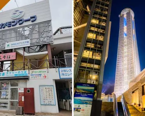 下關市的代表地標拼貼：充滿活力的唐戶市場旁「海峽夢塔」購物美食設施外觀，以及夜晚燈火通明的下關海峽夢之塔，展現港口都市魅力。