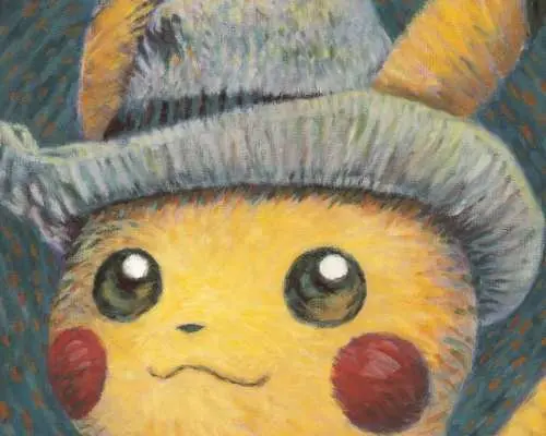一幅以梵谷畫風繪製的皮卡丘肖像，戴著灰色毛氈帽，展現藝術與流行文化的創意結合，為梵谷博物館體驗增添趣味。