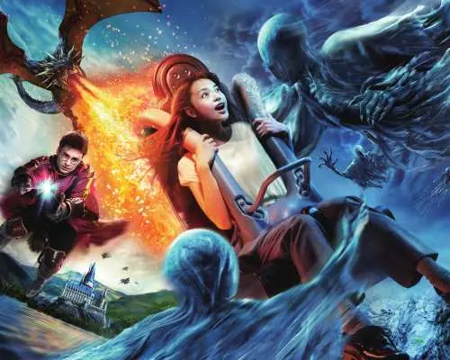 Universal Studios Japan's Wizarding World of Harry Potter Forbidden Journey ride, where guests face fire-breathing dragons and Dementors in a thrilling flying magical adventure.