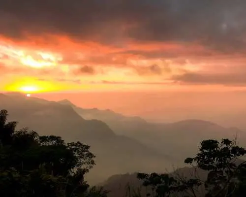 阿里山壮丽的夕阳山景，金黄与橘红色的天空下，山峦云雾缭绕，为嘉义包车一日游带来难忘的高山美景。