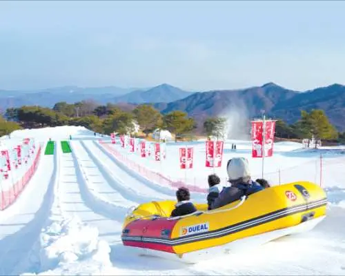 兩名遊客在洪川大明維瓦爾第公園的雪盆道上享受刺激的滑行樂趣，沿途旗幟飄揚，背景是晴朗的天空和遠山，提供韓國滑雪一日遊多樣化玩雪體驗。