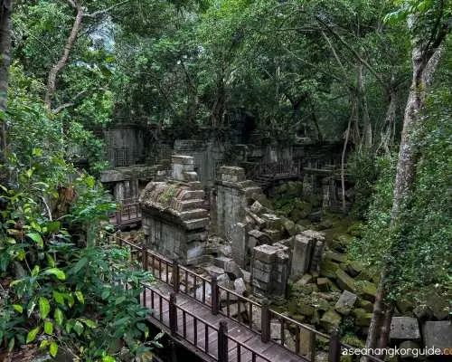Exploring the atmospheric jungle-covered ruins of Beng Mealea temple in Cambodia, with wooden walkways guiding visitors through the ancient collapsed structures.