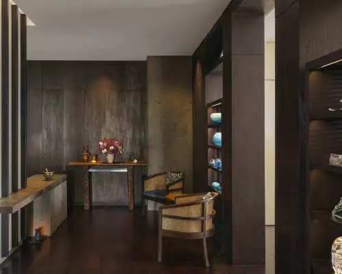 Elegant reception area at Raffles Bali Spa, featuring dark wood decor and exquisite artwork, creating a serene and luxurious welcoming ambiance for guests.
