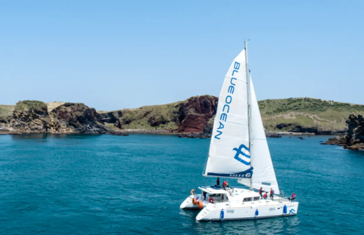 濟州遮歸島遊艇體驗，藍色「BLUE OCEAN」帆船在蔚藍海面上航行，背景是綠意盎然的島嶼和清澈藍天。
