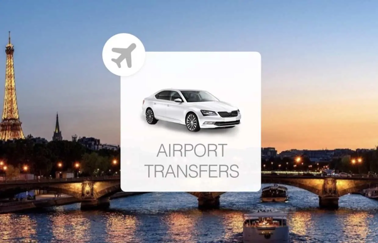 巴黎戴高樂機場（CDG）專車接送服務，圖中艾菲爾鐵塔和塞納河畔夜景，搭配私家轎車與機場接送圖標，強調便捷舒適的點對點交通。