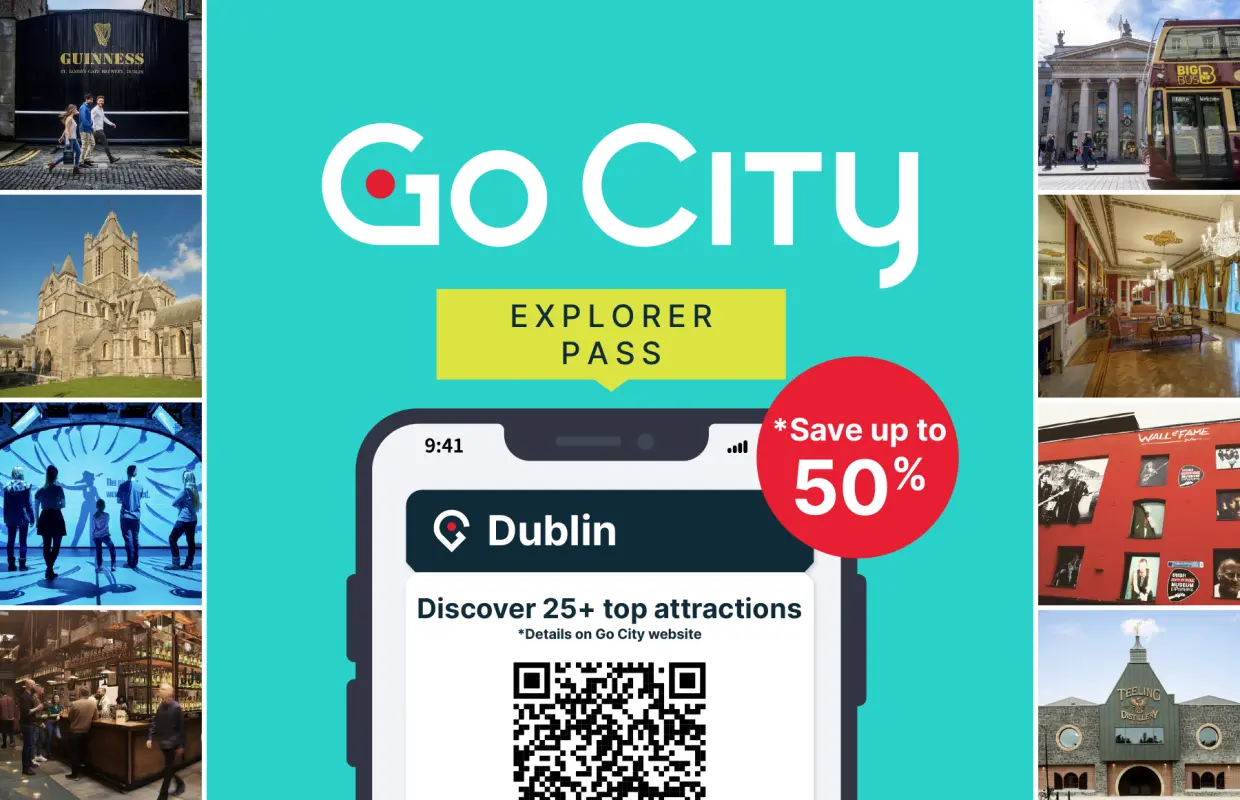 A promotional collage for the Dublin Explorer Pass, showcasing popular Dublin attractions like historic sites, museums, and distilleries, along with the digital pass app indicating 'Save up to 50%'.