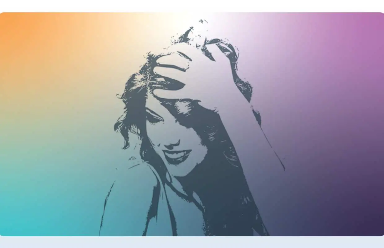Stylized silhouette of a woman in gradient colors, representing the Taylor Swift themed double-decker bus afternoon tea experience in London, blending music and sightseeing.