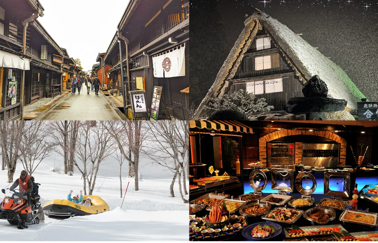 A collage of Hida Takayama's old street, Gero Gassho Village light-up, thrilling snow activities, and a sumptuous hot spring hotel buffet, highlighting diverse attractions on this two-day tour.