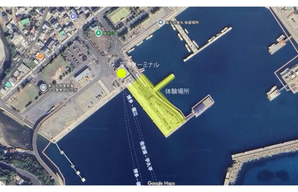 Aerial map of Uehira Port in Sasebo, Nagasaki, clearly showing the easily accessible meeting point and the designated fishing experience area for all visitors.