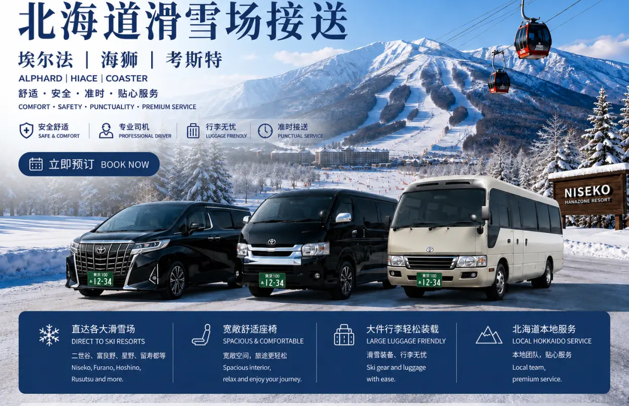 北海道滑雪場接送|新千歲/札幌出發｜二世古/比羅夫/花園/留壽都/新雪谷/富良野/喜樂樂/札幌國際滑雪場/札幌手稻滑雪場｜多車型｜
