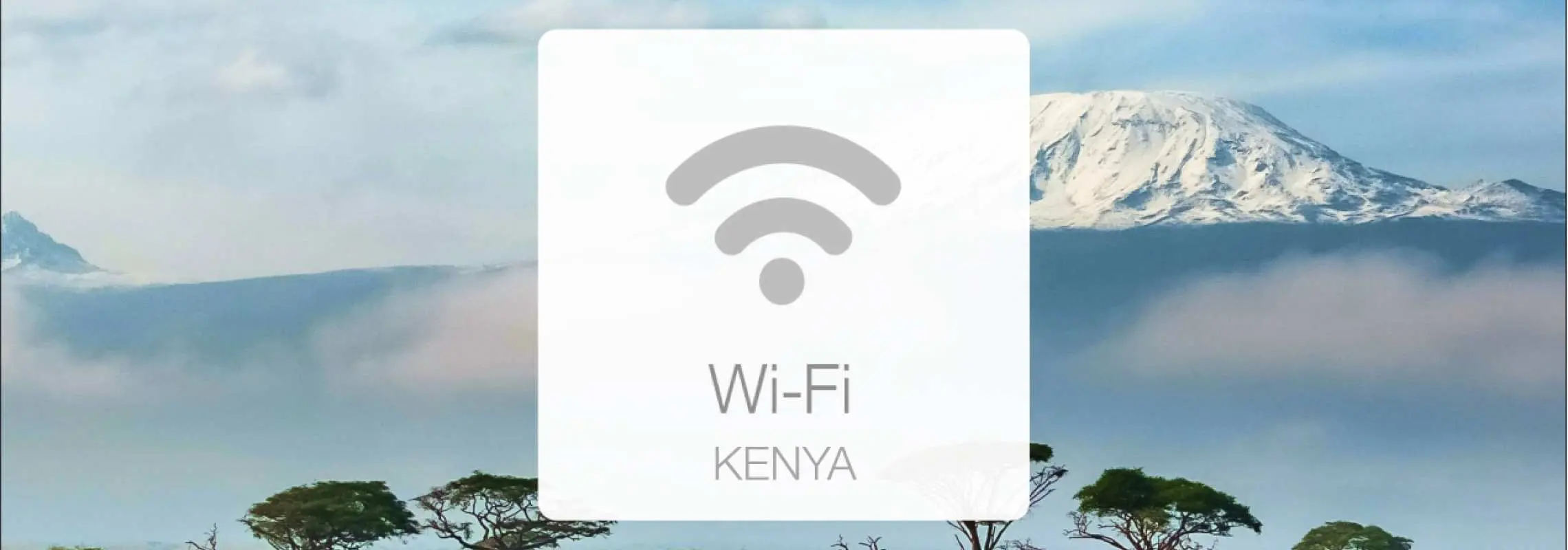 A scenic Kenyan savanna landscape with snow-capped mountains and a Wi-Fi icon, representing Kenya's 4G portable Wi-Fi rental service for seamless travel connectivity.