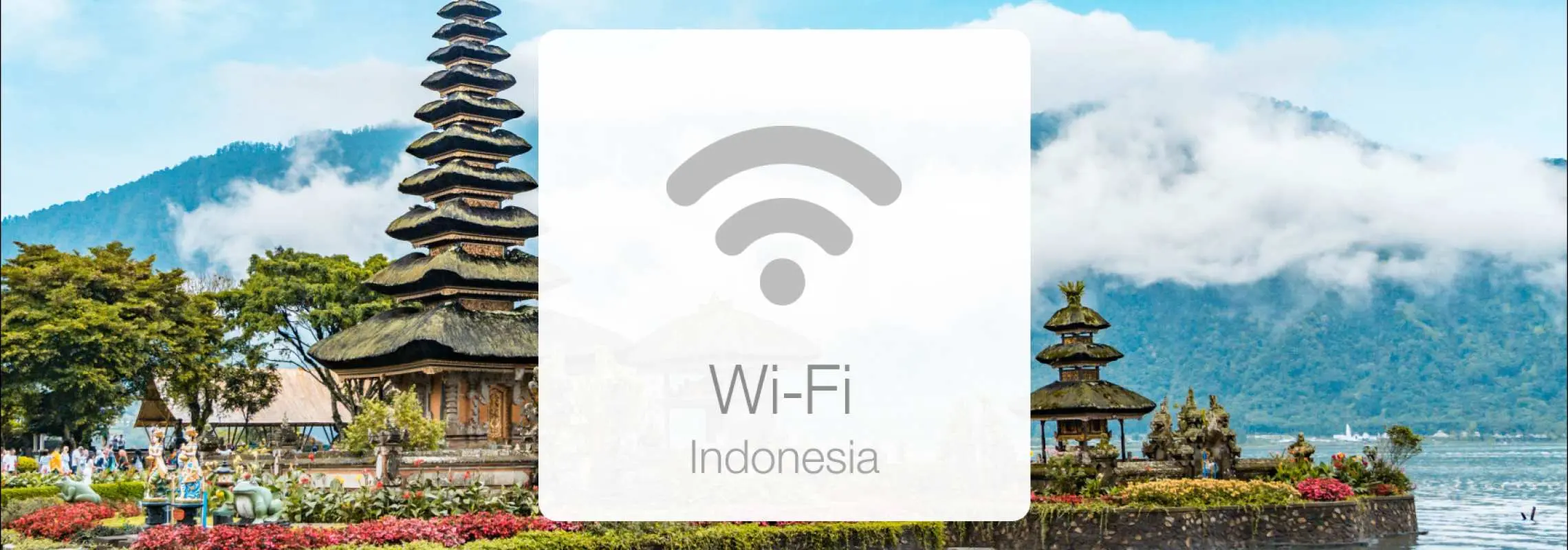 인도네시아 및 발리 KT 무제한 데이터 포켓 Wi-Fi 서비스. 브라탄 호수의 울룬 다누 브라탄 사원 풍경과 함께 Wi-Fi 연결 아이콘이 겹쳐진 이미지.