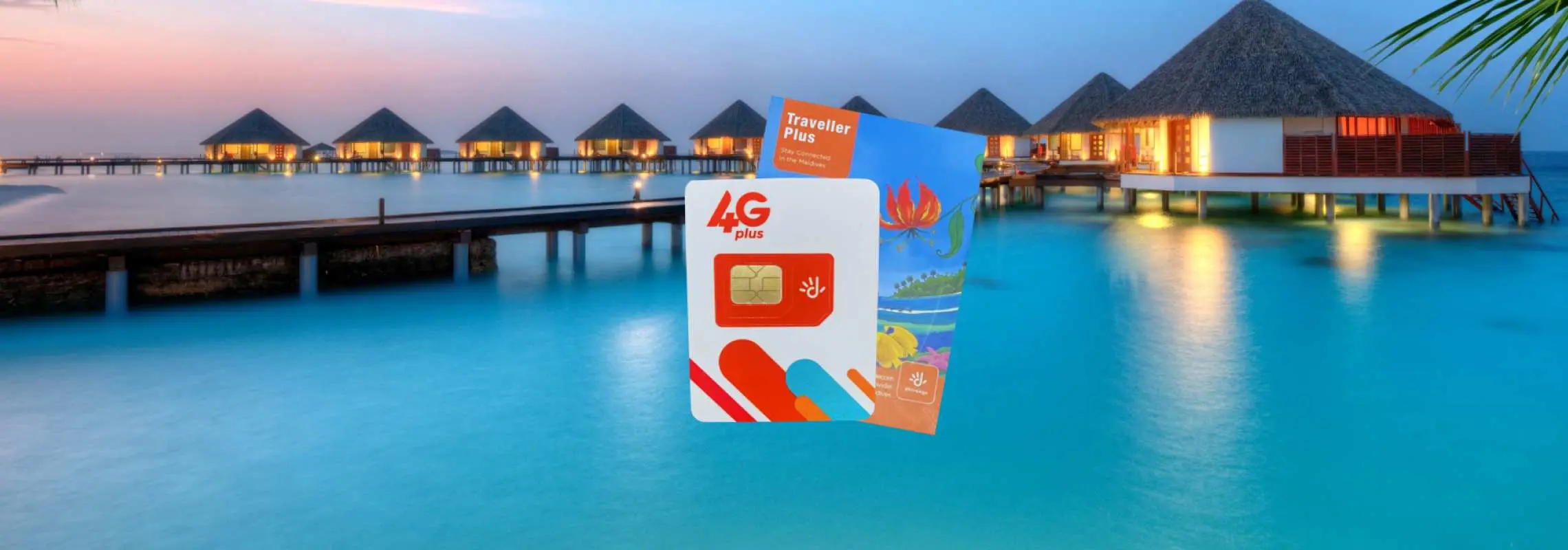 馬爾地夫Dhimobile 4G SIM卡產品，搭配旅遊套裝，背景為夕陽下的水上屋，確保海島旅程網路暢通。