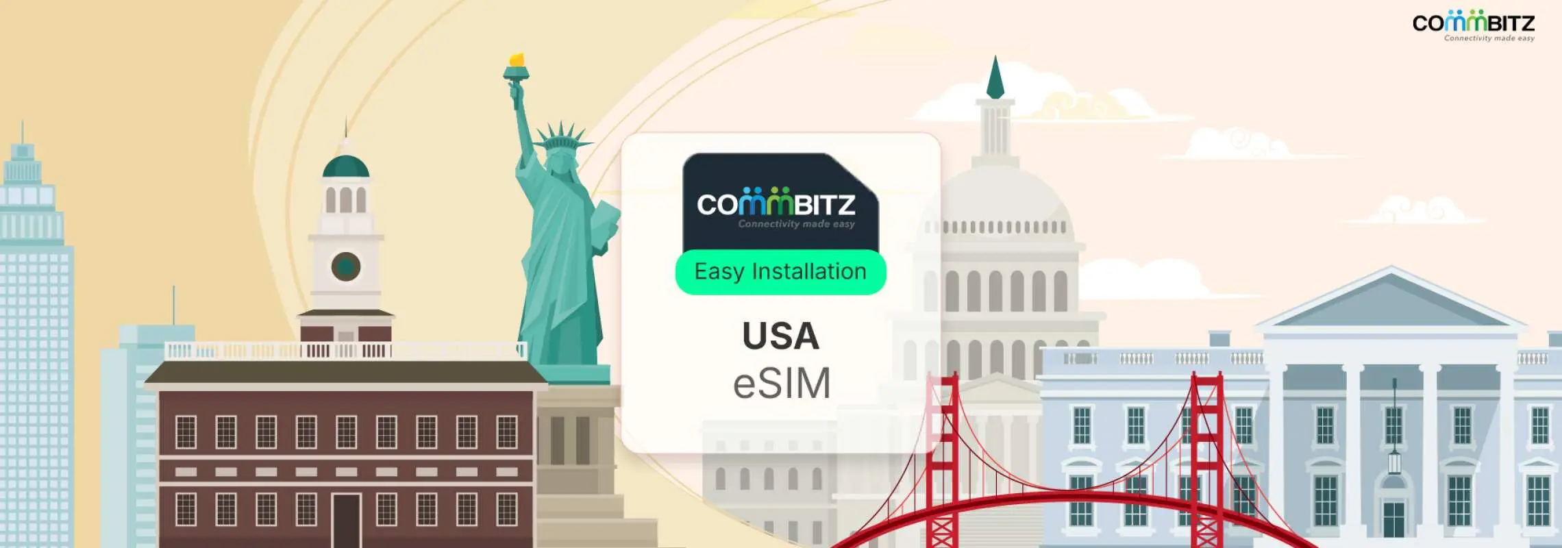 ภาพกราฟิก Commbitz USA eSIM ที่มีข้อความ 'Easy Installation' บนฉากหลังแลนด์มาร์กสำคัญของอเมริกา สื่อถึงการติดตั้งอินเทอร์เน็ตความเร็วสูงที่ง่ายดายสำหรับนักเดินทางในสหรัฐอเมริกา