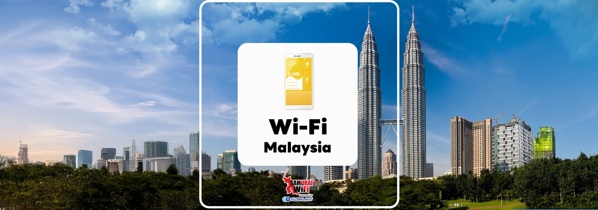 Kuala Lumpur skyline with Petronas Twin Towers, promoting Malaysia unlimited 4G/LTE pocket WiFi rental for travelers, emphasizing seamless connectivity and convenient pickup from Thailand.