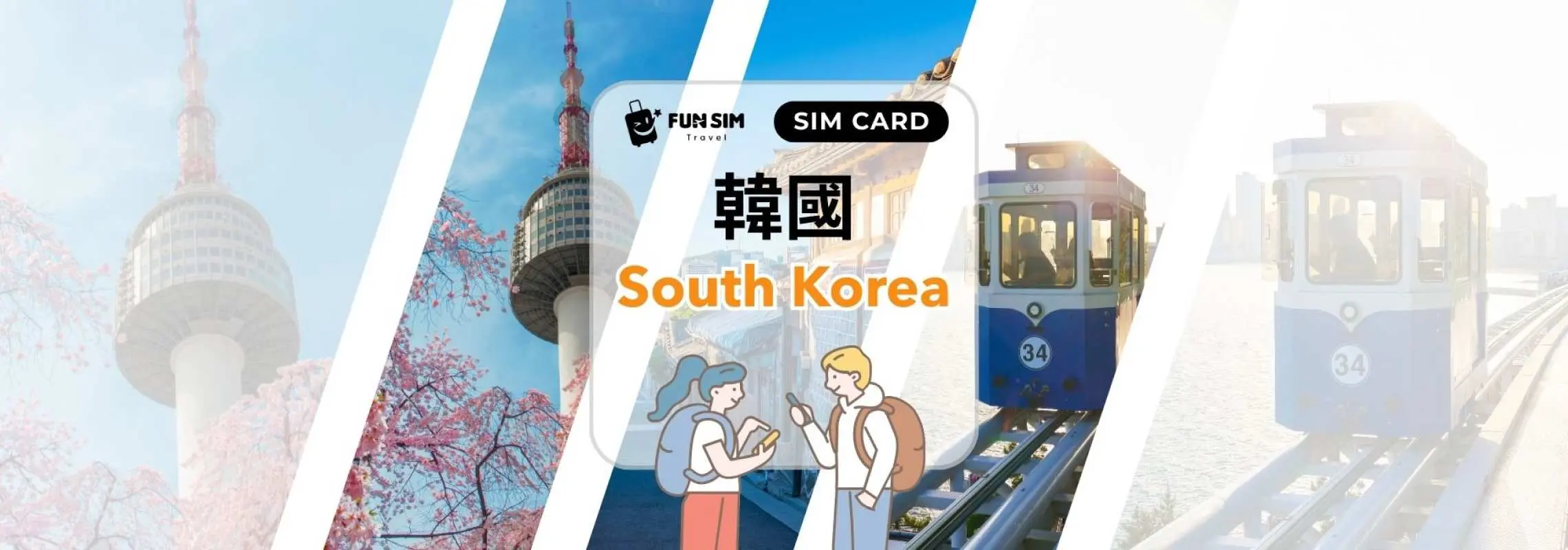 韓國SIM卡推廣圖，呈現南山塔櫻花、纜車與使用SKT 5G順暢通訊的旅客，助您輕鬆暢遊韓國。