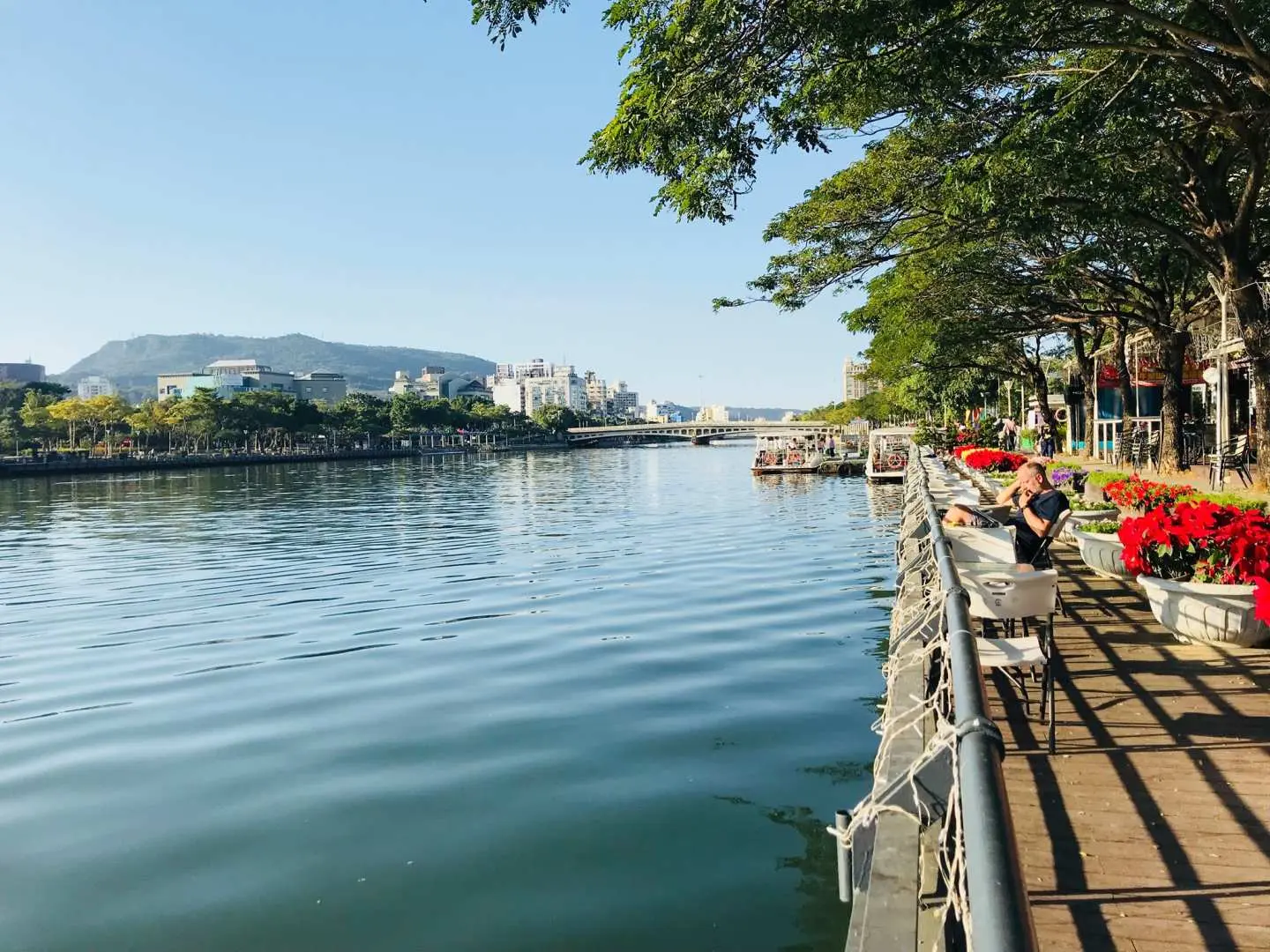 A wide riverside promenade along Kaohsiung's Love River, shaded by lush trees and adorned with vibrant flowers, offering visitors a relaxing spot to enjoy the winding river and distant city-mountain views.