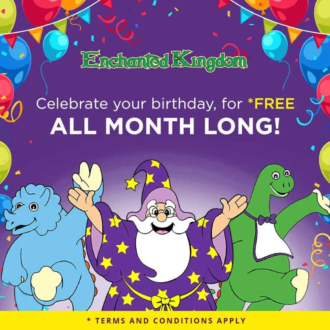 Promotional image for Enchanted Kingdom's 'Celebrate your birthday, for FREE ALL MONTH LONG' offer in the Philippines, featuring wizard, dinosaur, and rhino mascots.