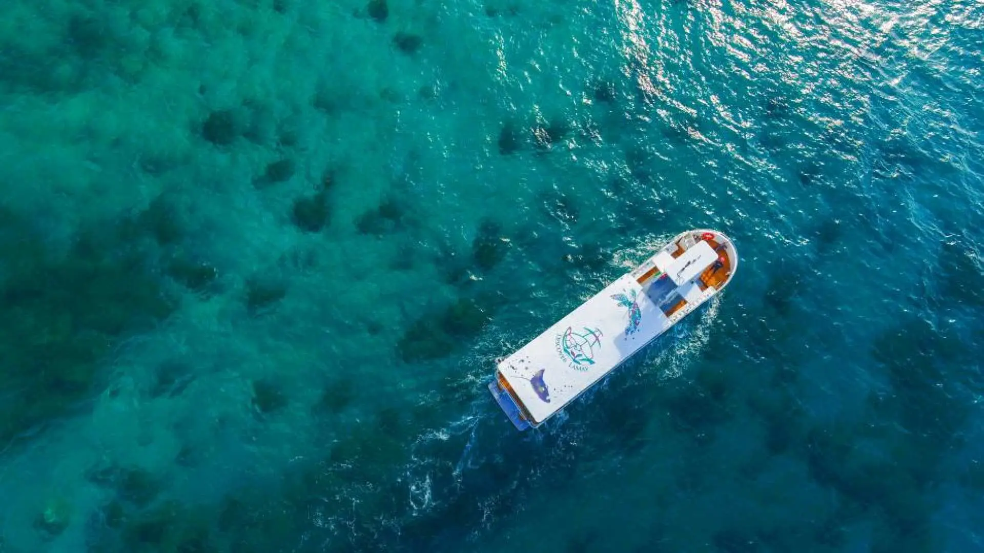 Aerial full view of the Xiaoliuqiu semi-submarine glass boat cruising on crystal-clear turquoise waters, with vibrant coral reefs and marine life visible below.