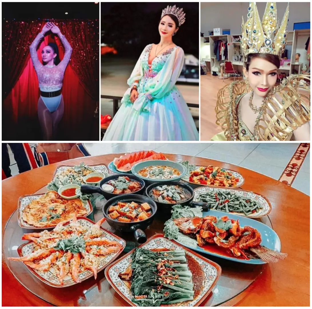 collage of meal to be served at cabaret show with images of performers at top dressed in gilded clothing