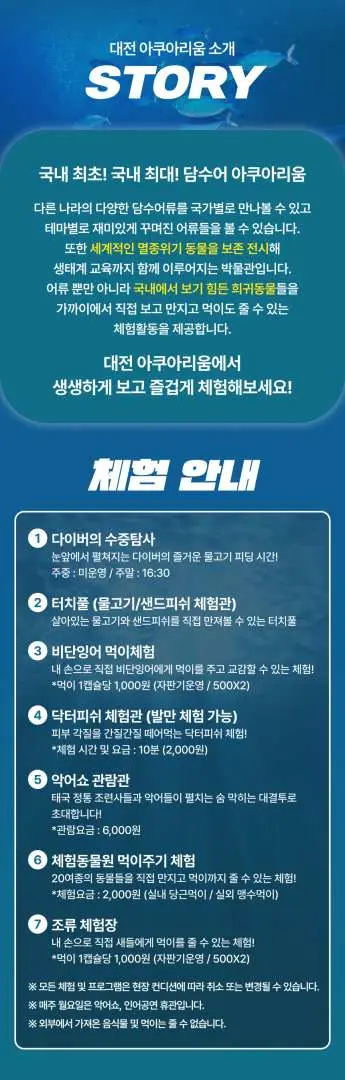 대전 아쿠아리움의 브랜드 스토리와 상세 체험 활동 소개. 터치풀, 먹이 주기 쇼 등 상호작용 콘텐츠를 포함하여 방문객의 일정 계획을 돕습니다.