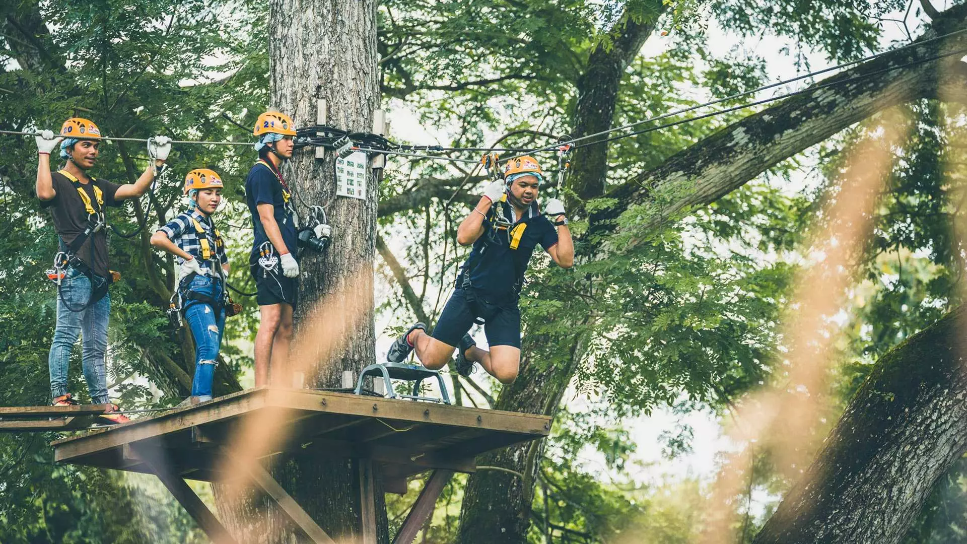 Visitors with safety gear at Chiang Mai Phoenix Adventure Park leap from a treetop platform, preparing to conquer the next thrilling high-altitude rope obstacle course.