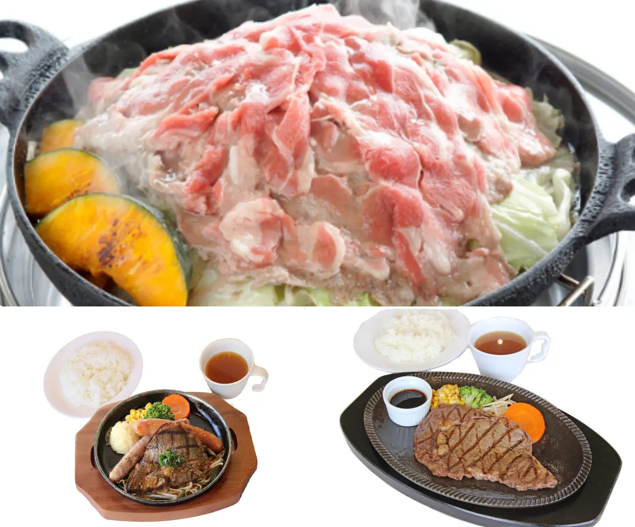 千葉マザー牧場の多彩な食事オプション。熱々のジンギスカン、ボリューム満点のステーキ、牧場自家製ソーセージセットなど、様々な好みに対応。