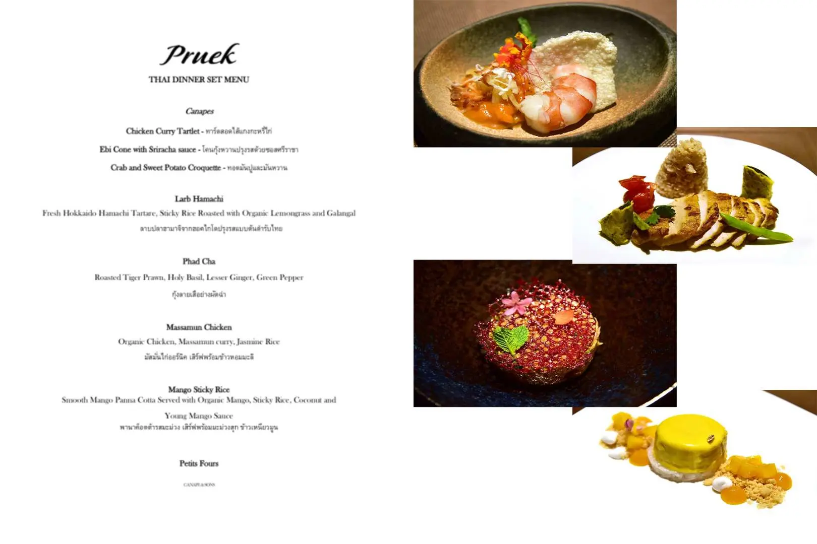 Thực đơn bữa tối Pruek Thai Set Menu đầy đủ, liệt kê nhiều món ăn Michelin, kèm theo hình ảnh thực tế của các món ăn được trình bày đẹp mắt.
