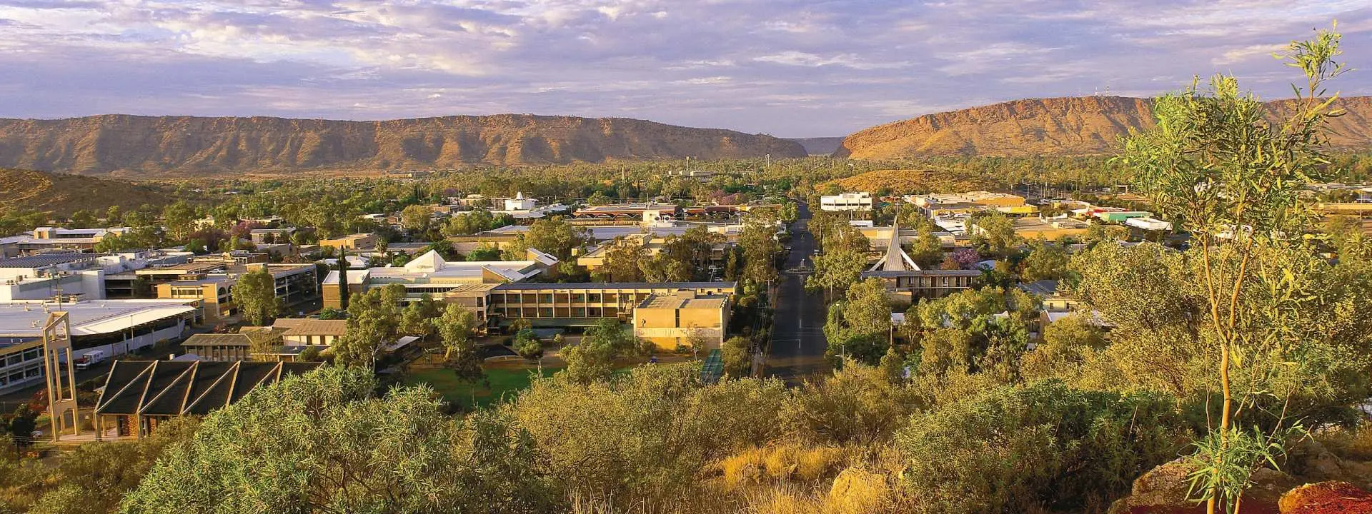 A panoramic daytime view showcases the green oasis of Alice Springs town nestled against the vibrant reddish-brown MacDonnell Ranges, seen from a scenic lookout.
