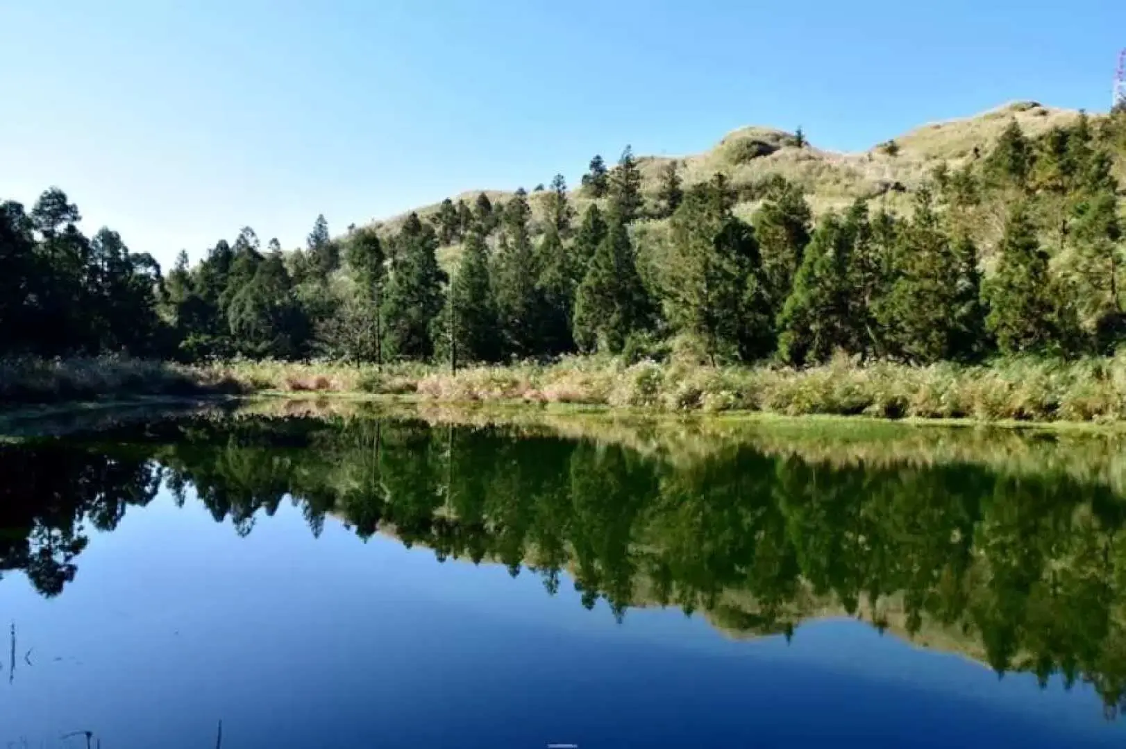 陽明山冷水坑的寧靜湖面，倒映著周圍翠綠的山林與藍天，展現北投陽明山獨特的自然生態與幽靜美景。