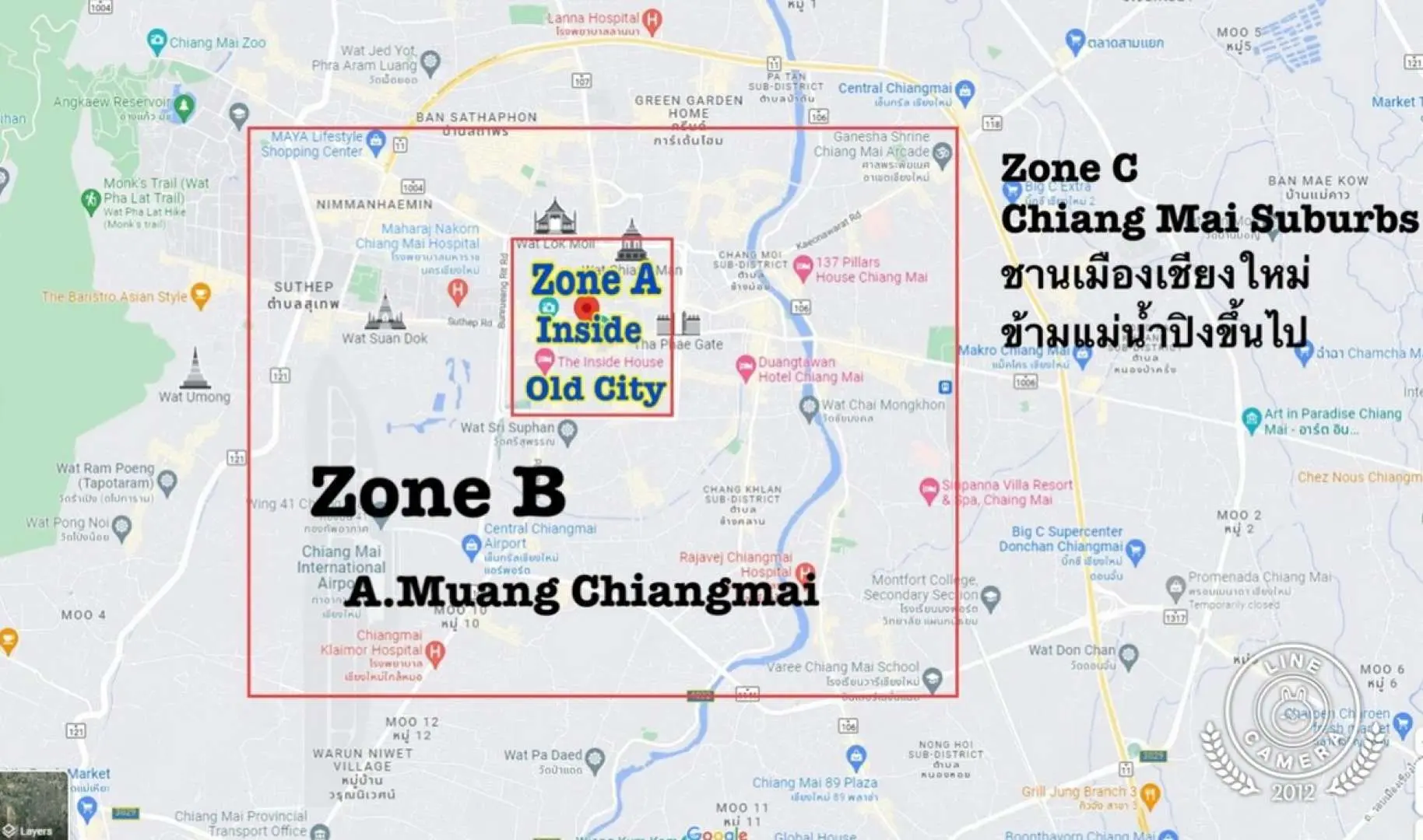 清邁國際機場包車接送服務區域地圖，清楚標示清邁古城 (Zone A)、清邁市區 (Zone B) 和清邁市郊 (Zone C)，協助旅客選擇合適的接送區域。