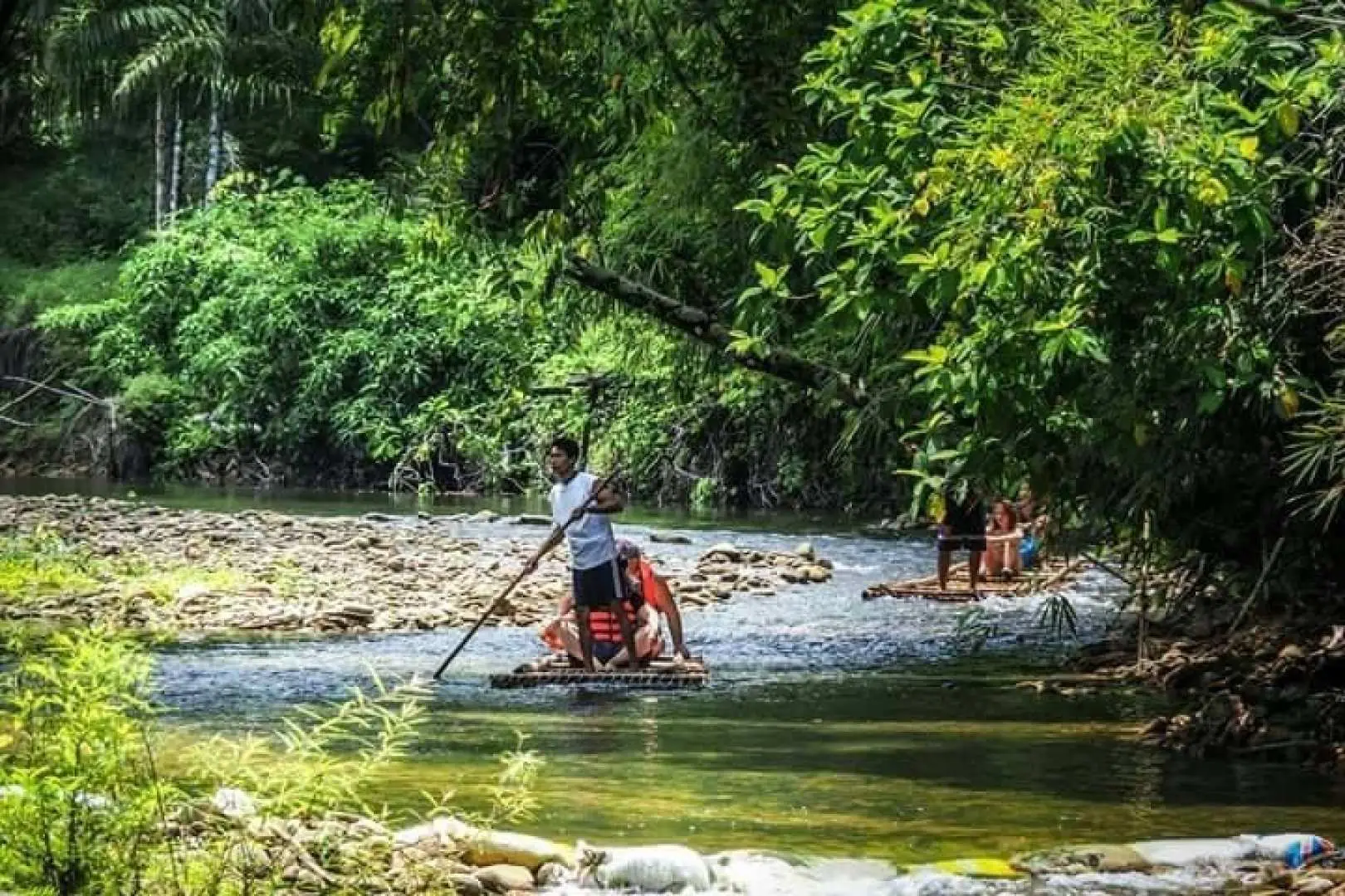 A serene bamboo rafting experience in Phuket, with a visitor paddling calmly down a river, surrounded by lush tropical greenery and clear waters.